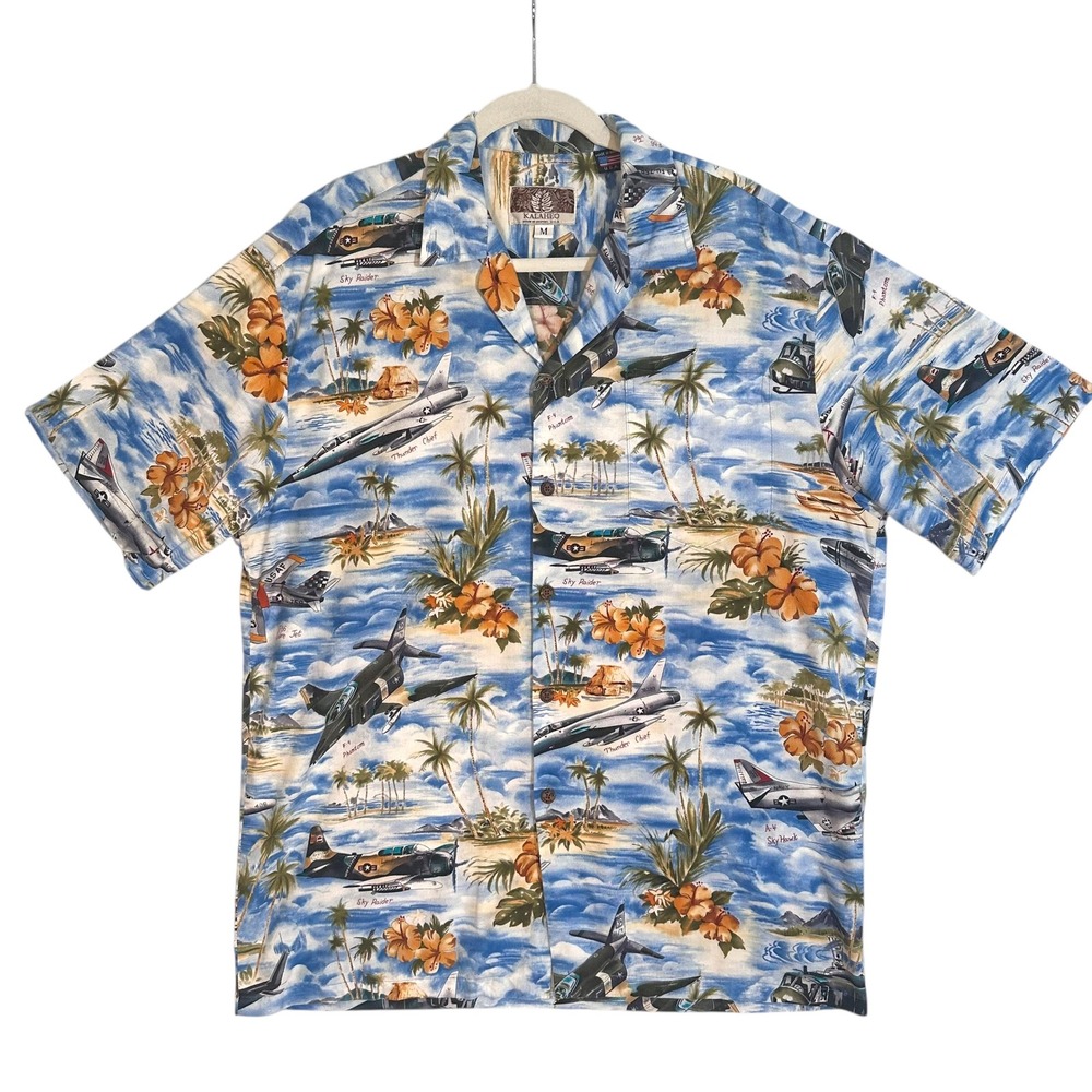 Kalaheo Hawaiian Shirt Mens M Airplane‎ Vietnam Military Blue Aloha Hawaii USA